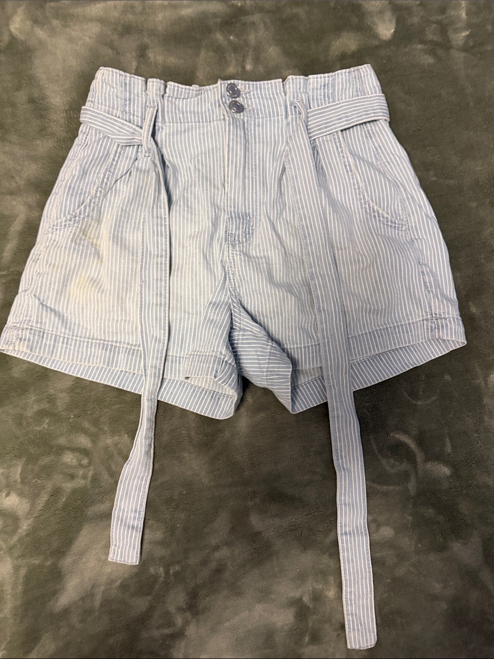 American Eagle Outfitters Light Blue Pinstripe High-Waist Shorts with Tie